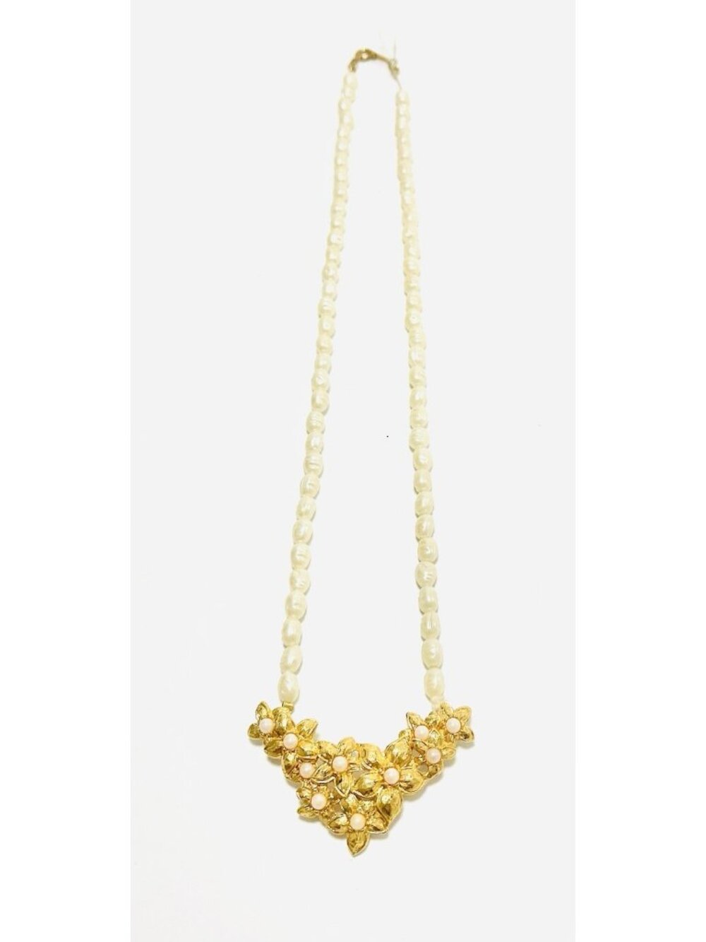 Vintage Avon Faux Pearl Floral Bib Necklace Dainty Beaded 1980s Golden Bouquet